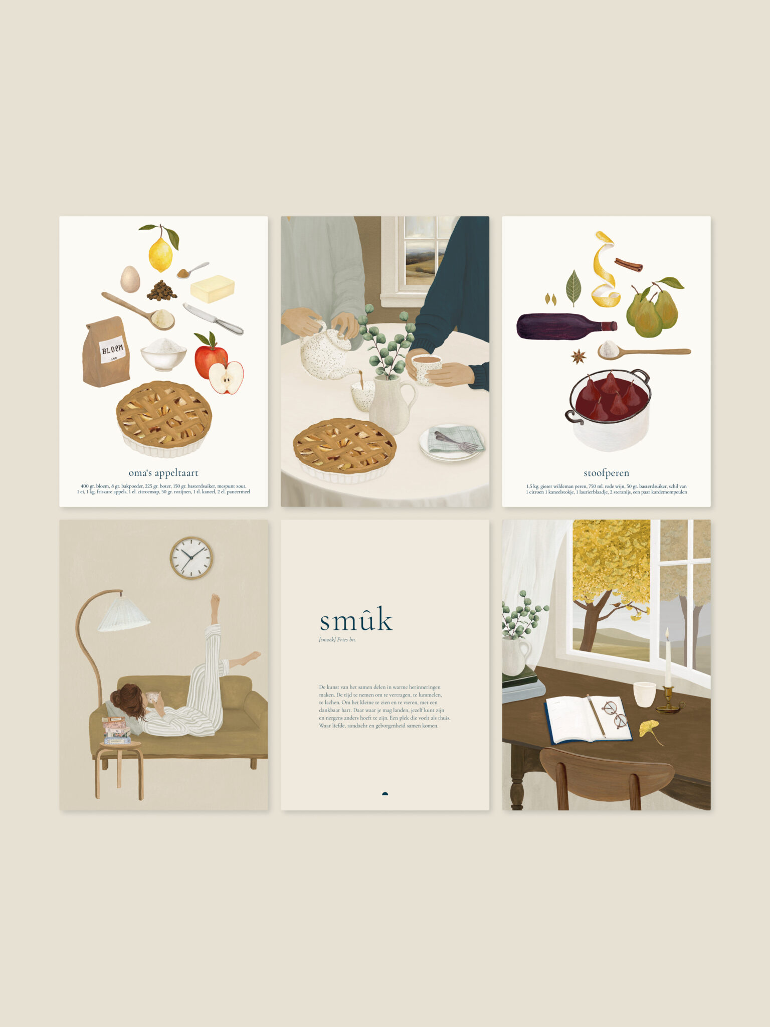 Wenskaartenset Smûk van Sâlt + Flor met zes A6-kaarten over appeltaart, thee, stoofperen, pyjamadag, journalen en thuis voelen